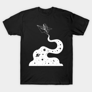 Astronaut gliding through space galaxy on a paper plane spaceship T-Shirt